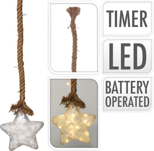 Svetloba LED STAR velikosti 20 cm, na vrvi 95 cm s časovnikom, stekleni biser