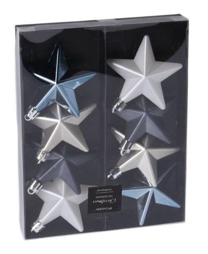 Okrasek božični STAR 6,5cm bela, modra, siva mešanica (8 kosov)
