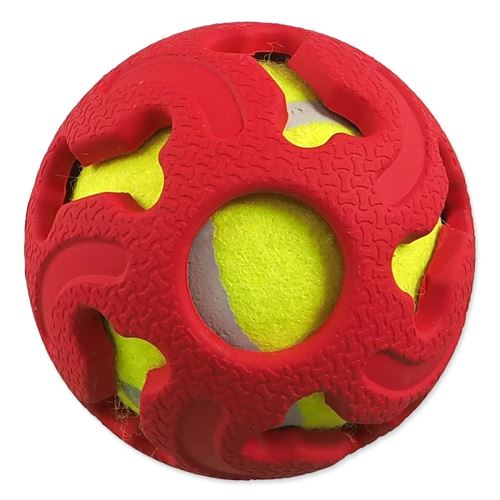Žoga DOG FANTASY gumijasta s teniško žogico rdeča 7,5 cm