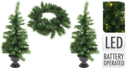 Božični set (2 drevesa 90 cm v cvetličnem loncu, 1x girlanda 53 cm+osvetlitev) zelena